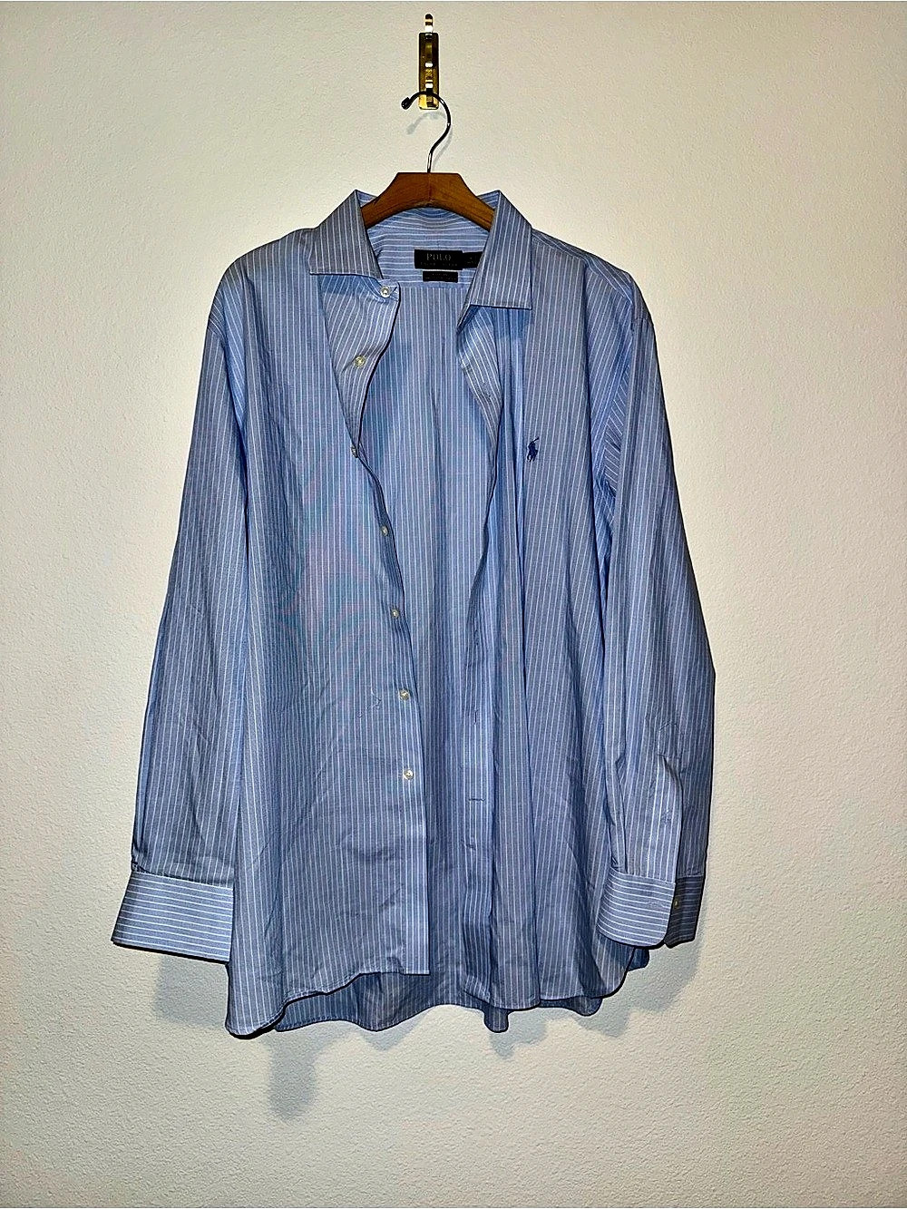 Polo Ralph Lauren Mens 18 34/35 Blue White Striped Easy Care Cotton Stretch Shir